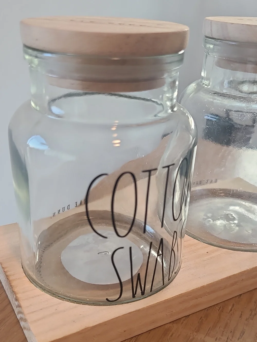 Rae Dunn Clear Glass Bathroom Jars with Natural Wood Lids